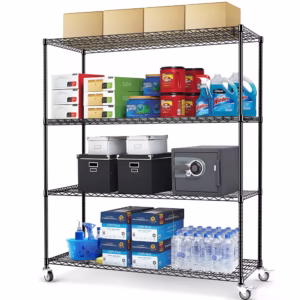 4-Tier Heavy Duty Wire Shelving with Wheels 2400 Lbs Capacity Adjustable Black Metal Garage Storage Shelves for Kitchen Use