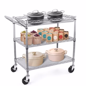3 Tier Rolling Utility Cart, Kitchen Metal Utility Carts with Handle Bar Commercial Grade Wire Shelving Storage Cart