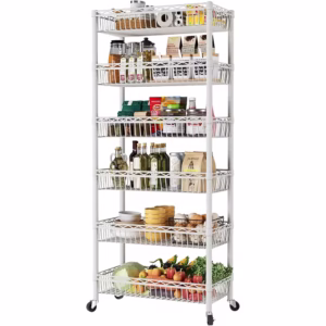 6 Tier Big Basket Shelf Wire Shelving Unit Adjustable Storage Shelves Rack for Kitchen Office Pantry Corner Metal Wheels White